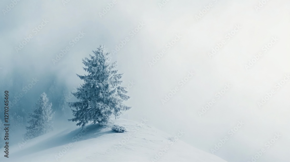 Serene winter landscape: A snow-covered evergreen tree stands alone on a hilltop, shrouded in a misty fog. The scene is peaceful and tranquil, with soft, cool tones dominating the image. Serene winter landscape: A snow-covered evergreen tree stands alone on a hilltop, shrouded in a misty fog. The scene is peaceful and tranquil, with soft, cool tones dominating the image.