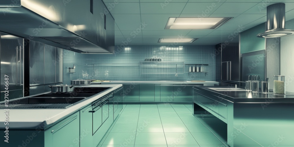 Obraz premium Modern Metallic Kitchen Interior for Professional Chef Culinary Academy