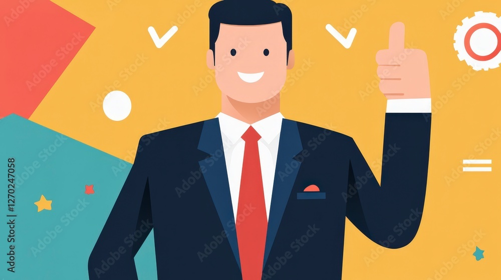 Cheerful businessman giving thumbs up in colorful abstract background design Cheerful businessman giving thumbs up in colorful abstract background design