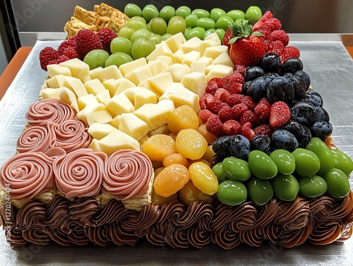 Delicious Dessert Board with Chocolate Icing, Fruit, Cheese and Crackers