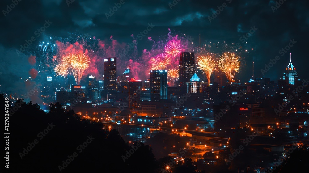 Fireworks exploding over city skyline at night. Fireworks exploding over city skyline at night.