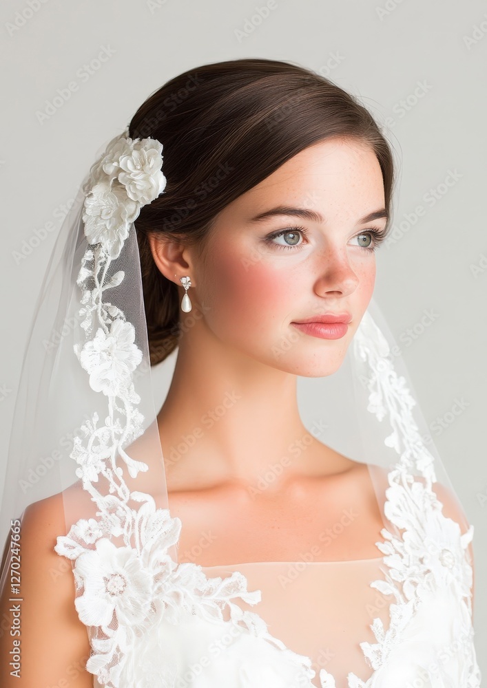 Elegant Bridal Portrait with Veil and Floral Hairpiece in Soft Lighting Elegant Bridal Portrait with Veil and Floral Hairpiece in Soft Lighting