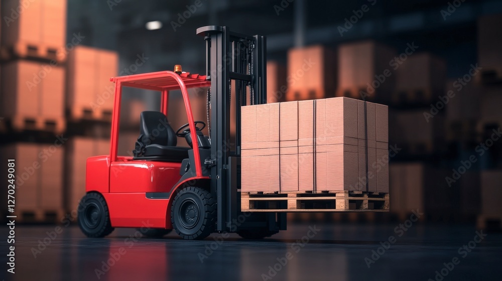Naklejka premium Red Forklift Lifting Cardboard Boxes in a Warehouse with Stacked Pallets