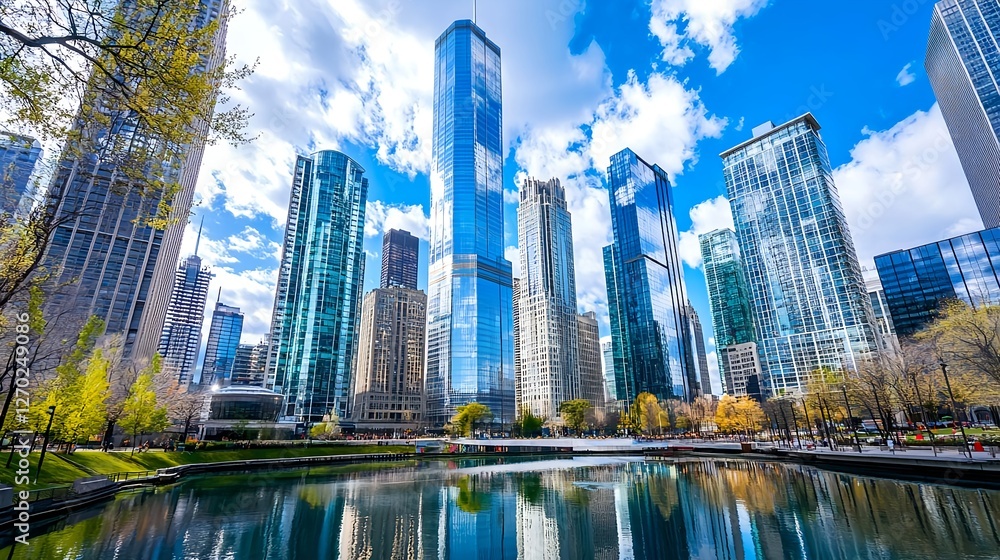 Fototapeta premium Chicago Skyline Reflection, Modern Cityscape - Cityscapes