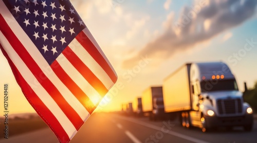 American Flag Waving Alongside Highway with Trucks at Sunset in the Background