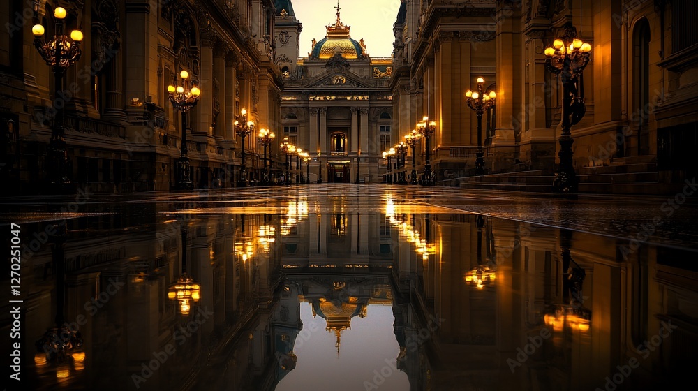 Fototapeta premium Grand building reflected in a wet city street at night.