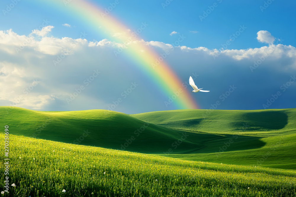 A white dove flies over a mountain range with a rainbow in the sky. A white dove flies over a mountain range with a rainbow in the sky.