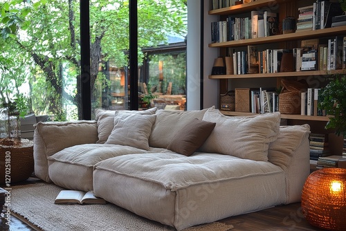 Cozy oversized beige corduroy fabric sofa with chaise longue, multiple seats, soft cushions, and bookshelves in a home office or family gathering area. photo