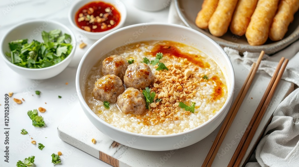 A warm bowl of congee topped with meatballs, herbs, and crispy onions, served with dipping sauces and fried dough sticks. A warm bowl of congee topped with meatballs, herbs, and crispy onions, served with dipping sauces and fried dough sticks.