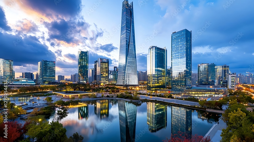 Fototapeta premium Modern Cityscape Reflection at Dusk - Cityscapes: Always a popular .