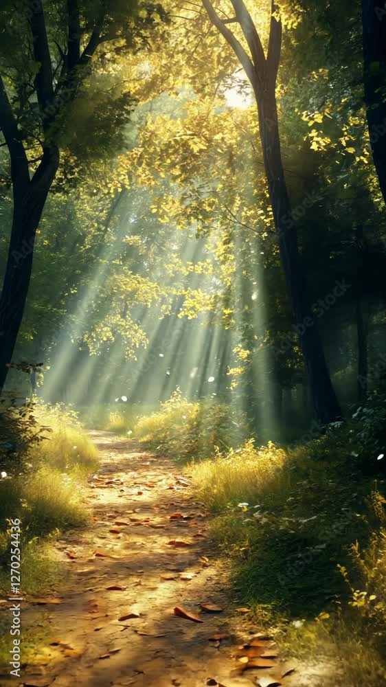 Sunlight streaming through trees in a serene forest path surrounded by lush greenery Sunlight streaming through trees in a serene forest path surrounded by lush greenery