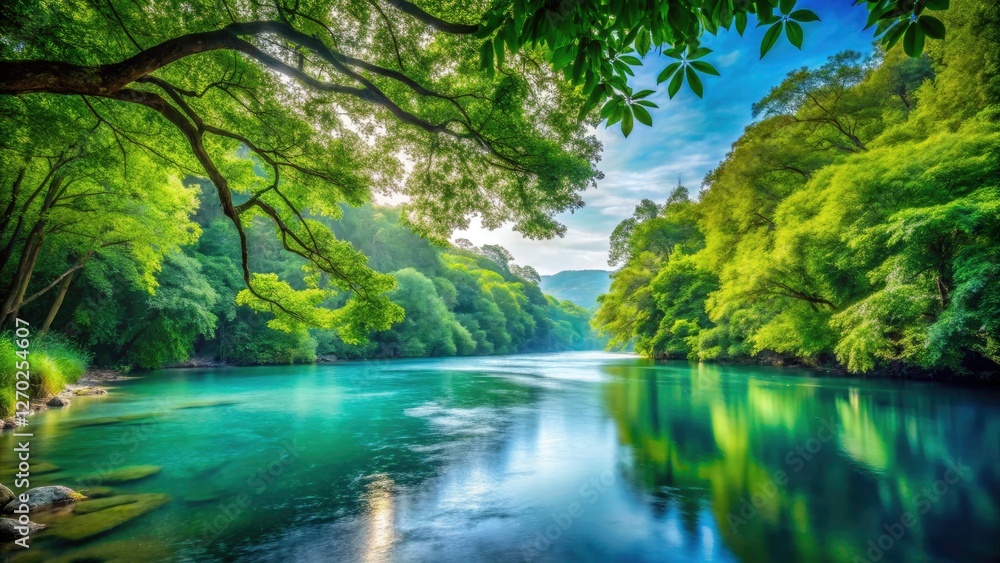 Serene River Landscape, Lush Green Leaves, Calm Water, Nature Photography, Long Exposure, Copy Space Serene River Landscape, Lush Green Leaves, Calm Water, Nature Photography, Long Exposure, Copy Space
