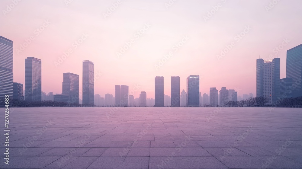 A calm city plaza with a skyline under a soft pink and purple sunset. Featuring serenity and beauty A calm city plaza with a skyline under a soft pink and purple sunset. Featuring serenity and beauty