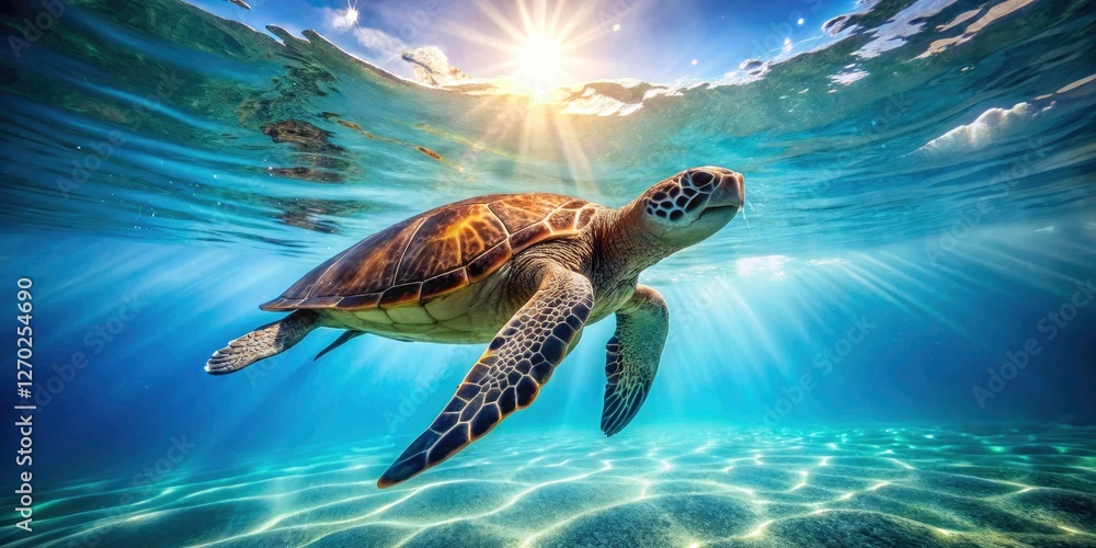 Obraz premium Serene Sea Turtle: Underwater Photography, Blue Ocean, Ripple Effect, Marine Life, Wildlife Photo