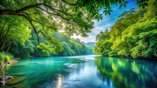 Serene River Landscape, Lush Green Leaves, Calm Water, Nature Photography, Long Exposure, Copy Space