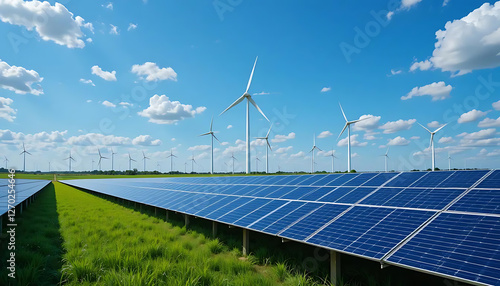 Solar Panels and Wind Turbines Generating Clean Energy in a Field photo