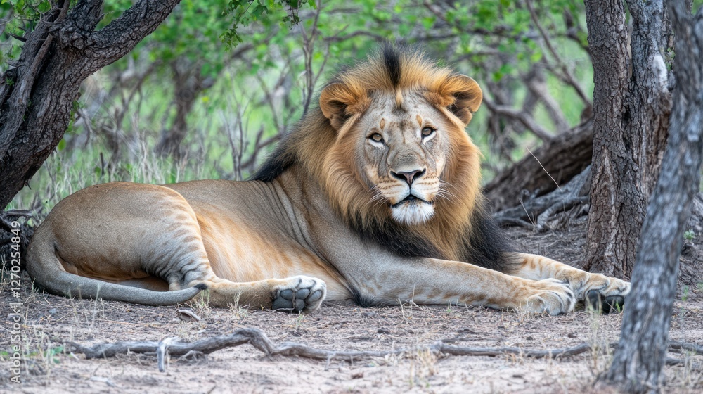 Majestic lion resting under trees in serene landscape Majestic lion resting under trees in serene landscape
