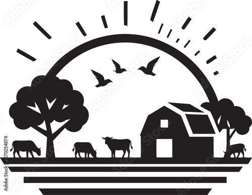 Idyllic farm scene with cows, barn, trees, and birds.