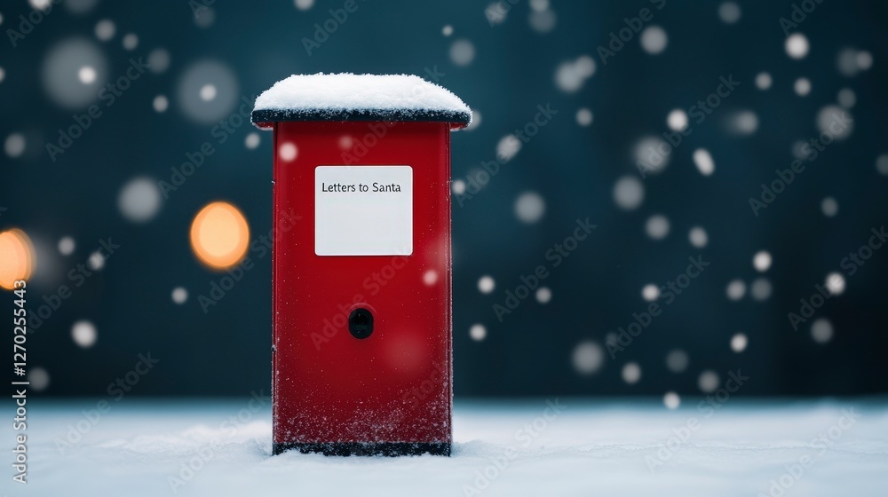 Red Santa Letter Box with Snow on Top Surrounded by Gentle Snowfall and Lights Red Santa Letter Box with Snow on Top Surrounded by Gentle Snowfall and Lights