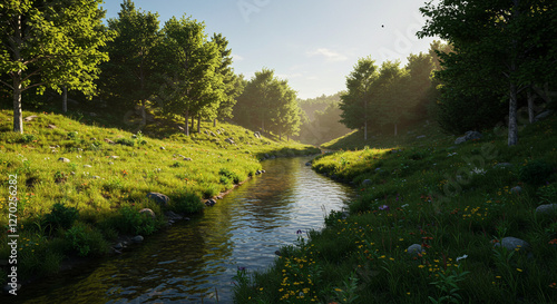 Lush Green Valley with Winding River Reflecting Blue Sky