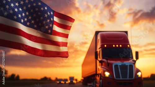 Dramatic Sunset with Red Truck and American Flag on Highway Road in America