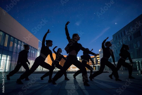A group performs urban contemporary dance under a starry blue sky with modern buildings. Low angle, stylish, motion, energy