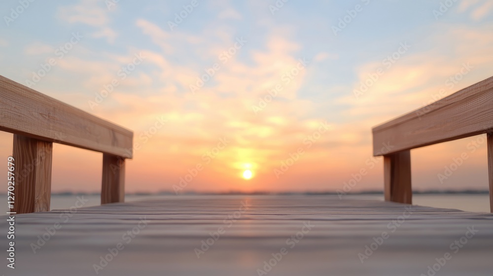 Sunset over calm water, wooden pier, peaceful evening Sunset over calm water, wooden pier, peaceful evening