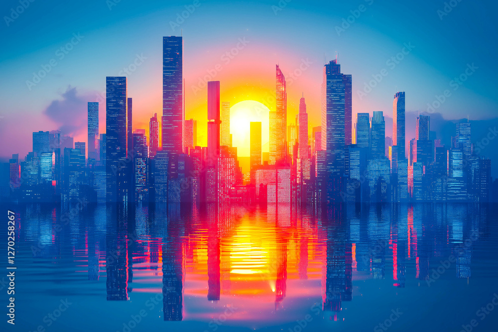 Picture of modern skyscrapers of a smart city, futuristic financial district with buildings and reflections , blue color background for corporate and business template with warm sun rays of light Picture of modern skyscrapers of a smart city, futuristic financial district with buildings and reflections , blue color background for corporate and business template with warm sun rays of light