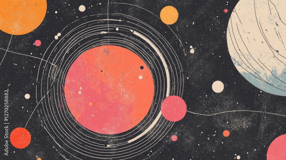 Obraz premium Abstract cosmic illustration featuring colorful planets and swirling orbits against a dark backdrop