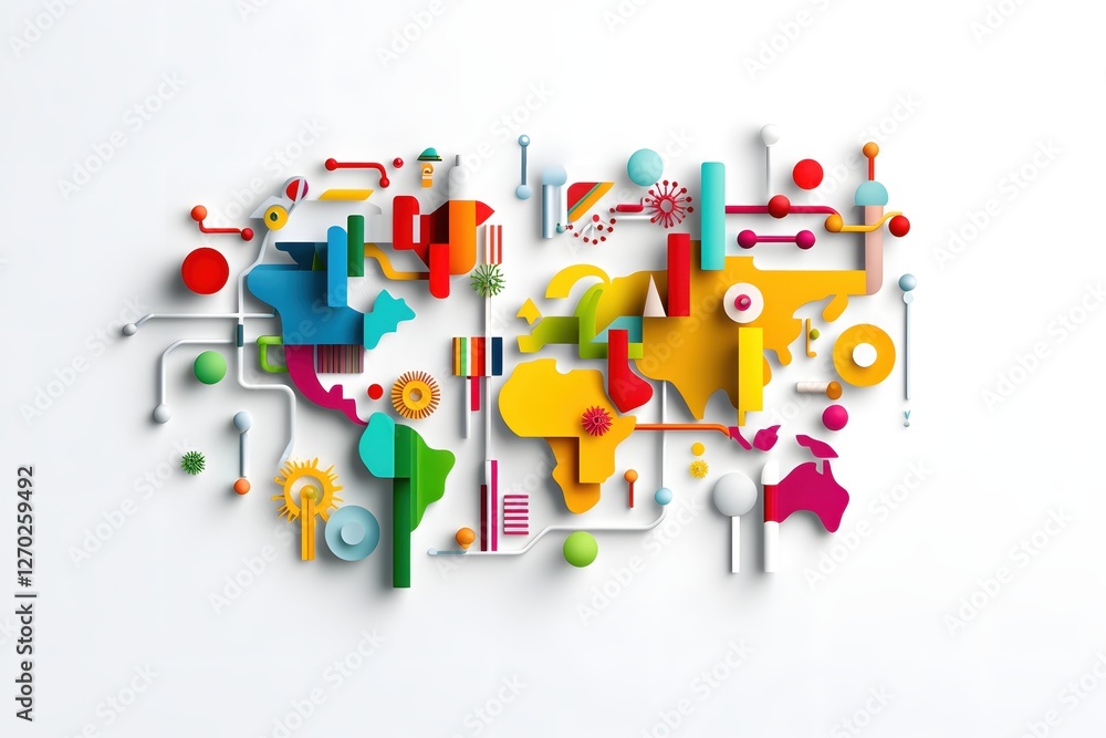 Abstract World Map with Geometric Shapes and Vibrant Colors on a Clean White Background Abstract World Map with Geometric Shapes and Vibrant Colors on a Clean White Background