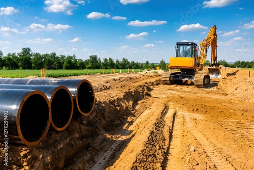 Excavator and Large Pipes at Construction Site Under a Bright Blue Sky with Fluffy Clouds