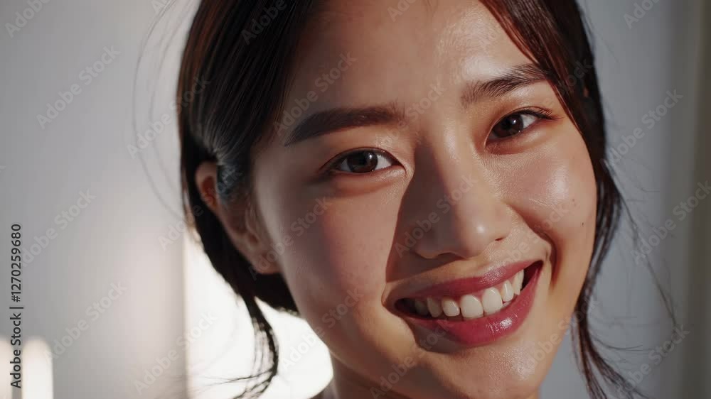 Close-up video of a smiling woman in soft lighting, capturing a candid and natural expression. The angle focuses on her face, highlighting her joyful demeanor. Close-up video of a smiling woman in soft lighting, capturing a candid and natural expression. The angle focuses on her face, highlighting her joyful demeanor.