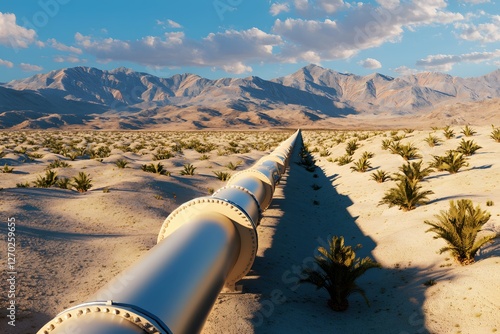 Pipeline Through Arid Desert Landscape with Distant Mountains and Scattered Palm Trees Under Sky