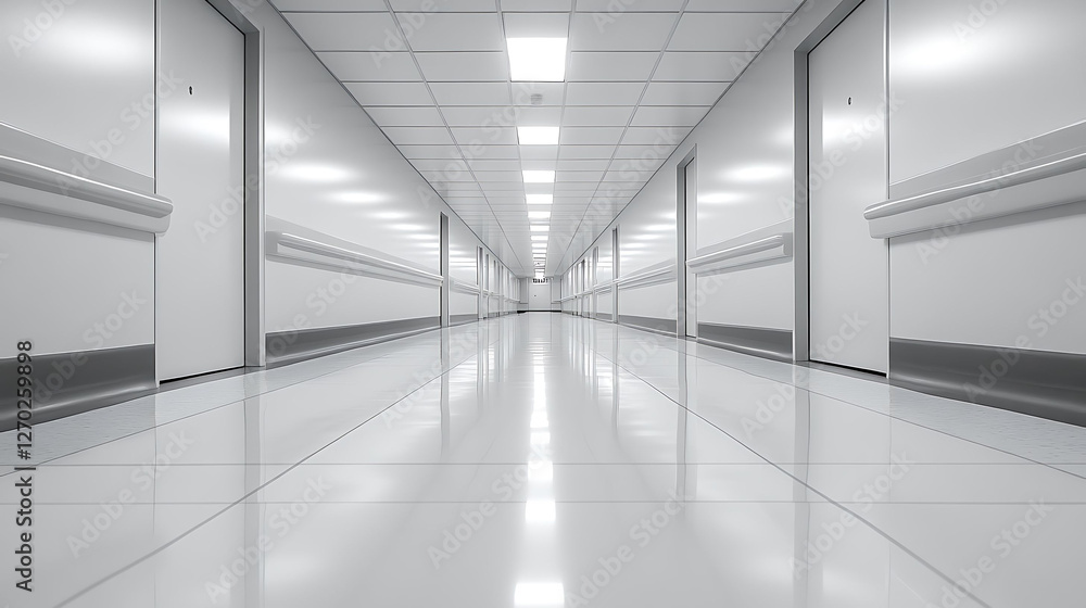 Fototapeta premium Blurred hospital corridor background, medical clinic hallway with soft focus, sterile healthcare environment, professional medical setting