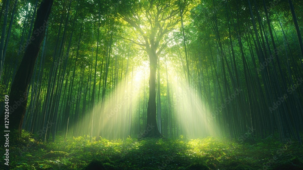 Obraz premium Sunlight beams through lush green forest