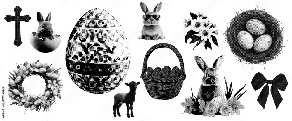 Set of easter springtime halftone grunge vector design elements