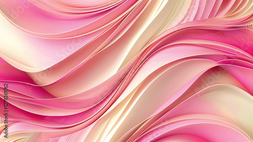 Abstract wave patterns in pink and gold hues create a smooth, flowing design.