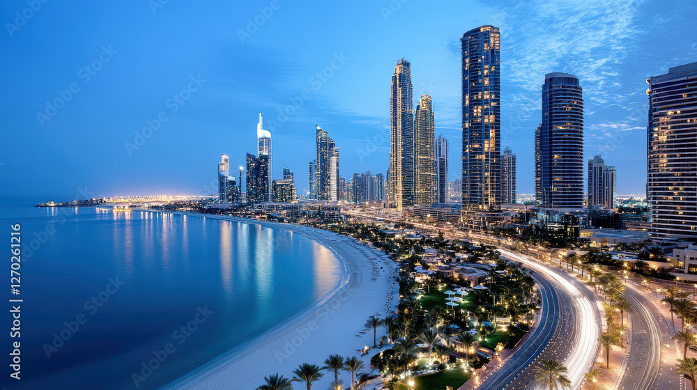 Obraz premium stunning city skyline at dusk with illuminated buildings and beach view