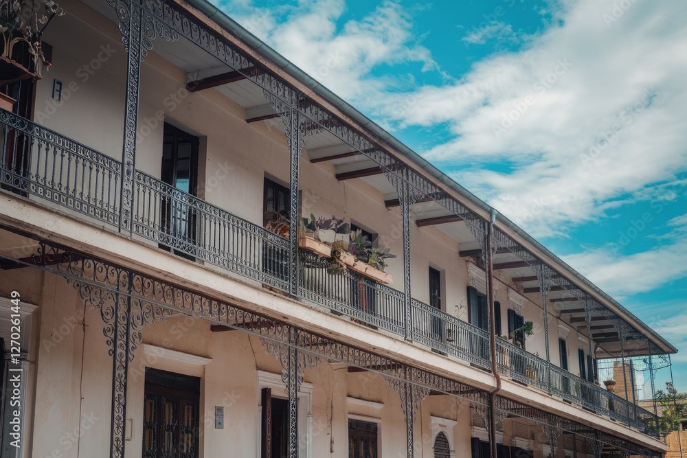 Wrought Iron Balconies, Cream Building, and Sunny Blue Sky, capturing the timeless elegance, and the tranquil sky backdrop Wrought Iron Balconies, Cream Building, and Sunny Blue Sky, capturing the timeless elegance, and the tranquil sky backdrop