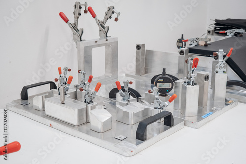 Metal manufacturing jig used in industrial production with gauges and clamps Precision engineering