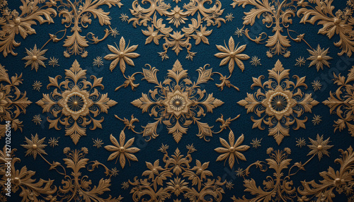 Detailed Gold Floral Pattern On Dark Blue Background
