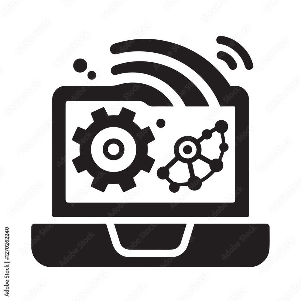 Laptop screen showing gears and network. Laptop screen showing gears and network.
