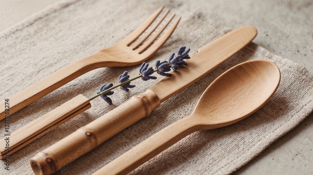 eco-friendly tableware set including a bamboo fork, knife and spoon, arranged on linen, with a sprig of lavender next to it, complementing the minimalist aesthetic eco-friendly tableware set including a bamboo fork, knife and spoon, arranged on linen, with a sprig of lavender next to it, complementing the minimalist aesthetic