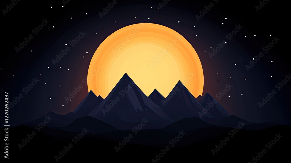 Fototapeta premium A serene sunset over majestic mountains, with a starry night sky in the background
