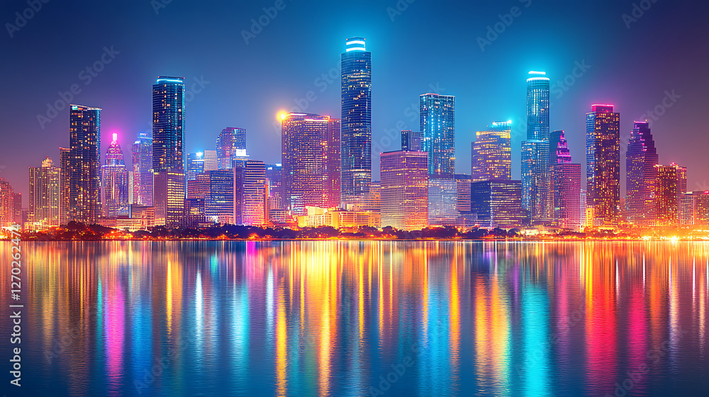 Fototapeta premium A city skyline is reflected in the water