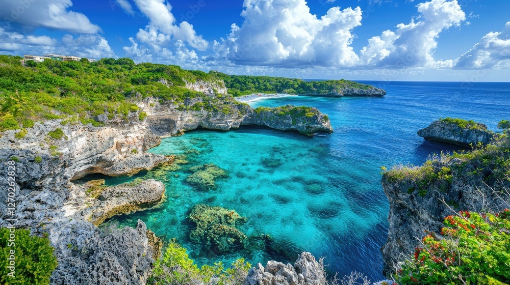 Serene coastal landscape with turquoise waters, rocky cliffs, and lush greenery under a bright sky Serene coastal landscape with turquoise waters, rocky cliffs, and lush greenery under a bright sky