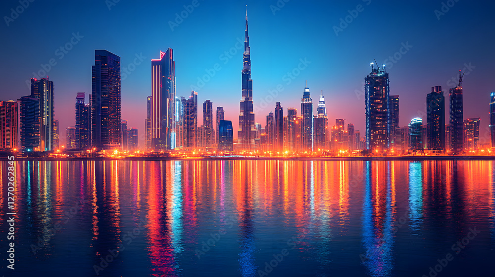 Fototapeta premium A city skyline is reflected in the water