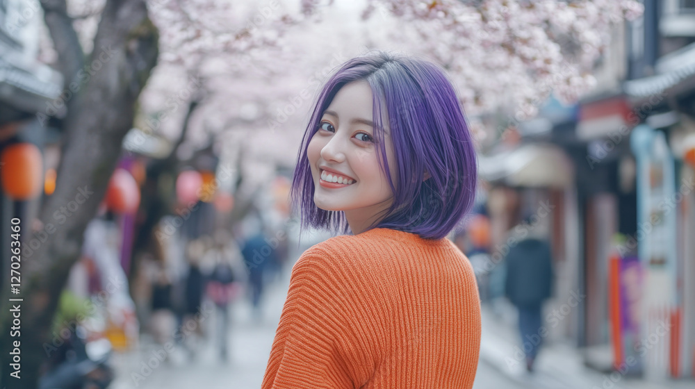Purple hair woman in necks long sleeves smiling enjoying spring on street with cherry blossom Purple hair woman in necks long sleeves smiling enjoying spring on street with cherry blossom