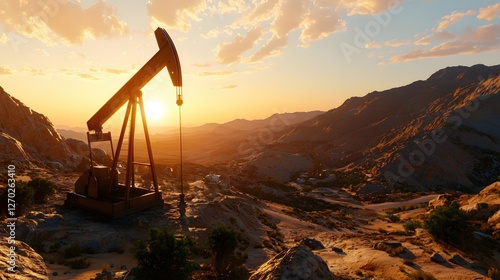 Oil Pump Jack Silhouette Against a Dramatic Desert Sunset with Golden Light and Mountainous Backdrop Creating a Serene Industrial Landscape