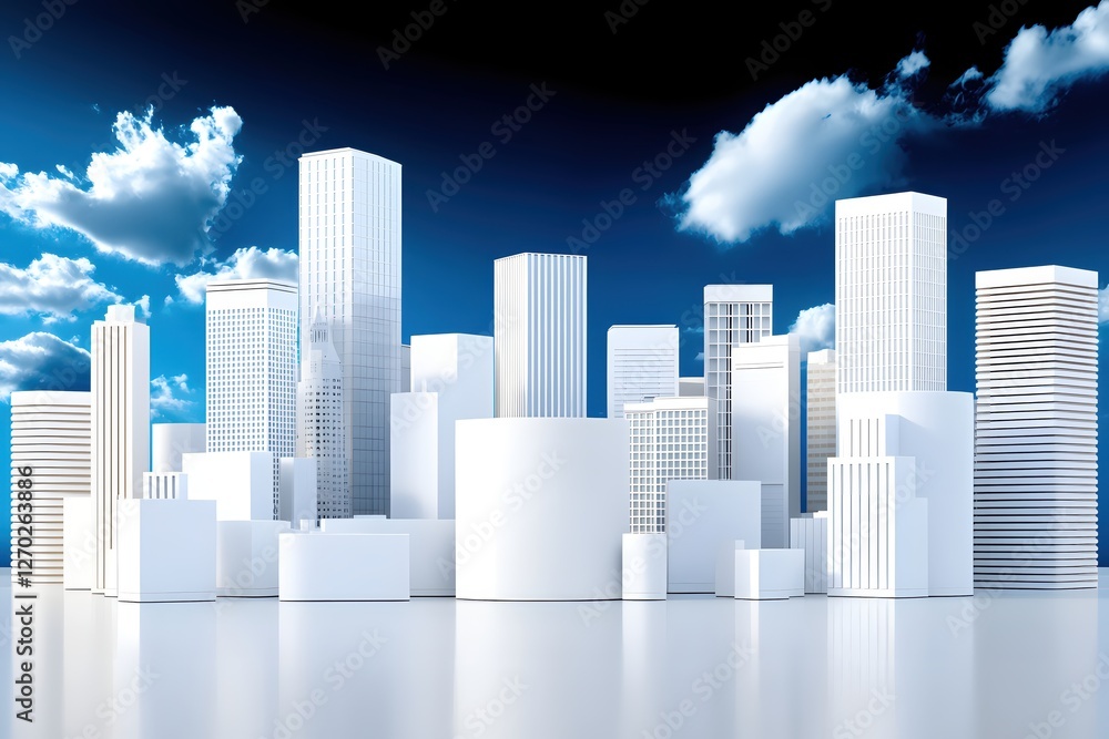 Abstract Cityscape with White Buildings and Blue Sky with Clouds Modern Architectural Design Abstract Cityscape with White Buildings and Blue Sky with Clouds Modern Architectural Design